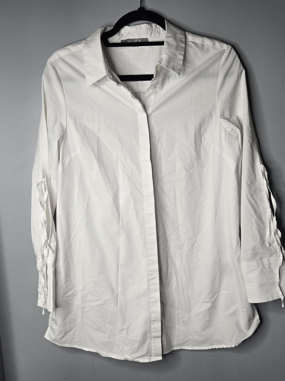 Marled Reunited Clothing White Button Down Tunic Shirt Large Ruched Tie Sleeve